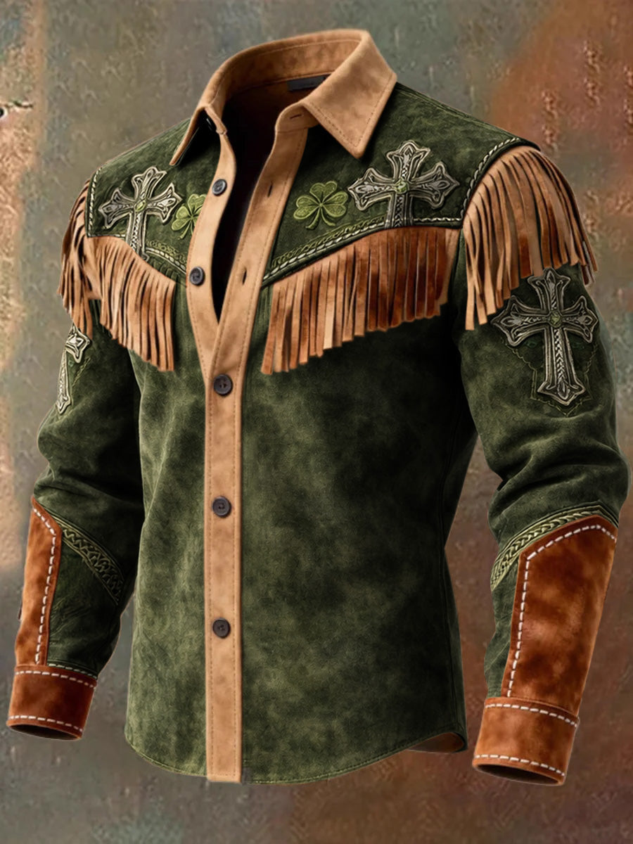 Men's Retro St. Patrick Western Style Art Print Vintage Tassel Casual Long Sleeve Shirt